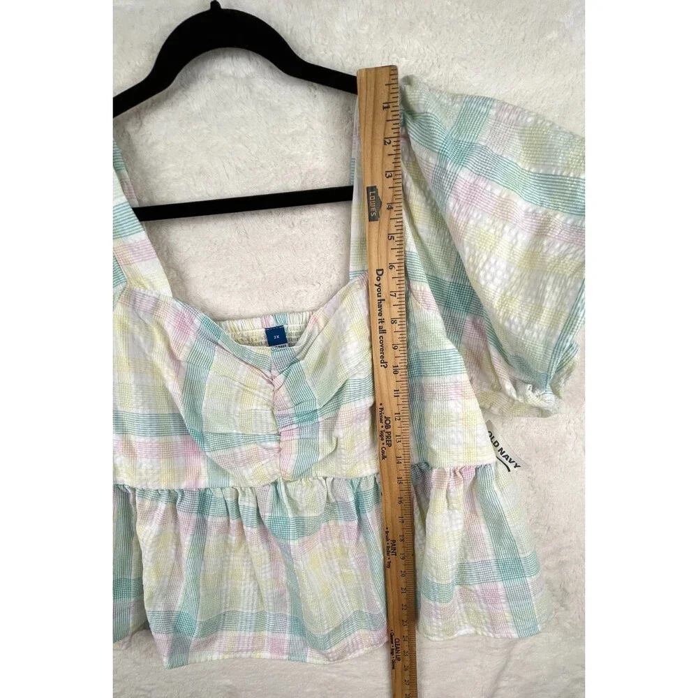 Old Navy Womens 2X Pastel Plaid Top Puff Sleeve Smocked Back Ruffled Peplum NWT